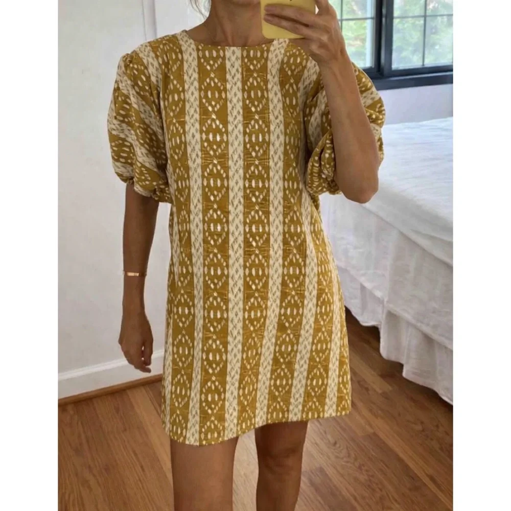 Matin Studio Embroidered Cotton Mini Dress Mustard Puff Sleeve AU 6 US 2